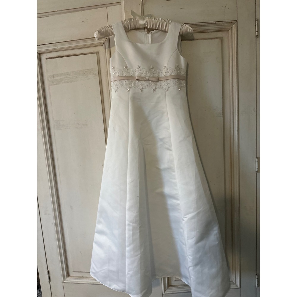 Davids Bridal Michelangelo Flower Girl Dress Ivory Satin Pearl Lace 7635 Size 7